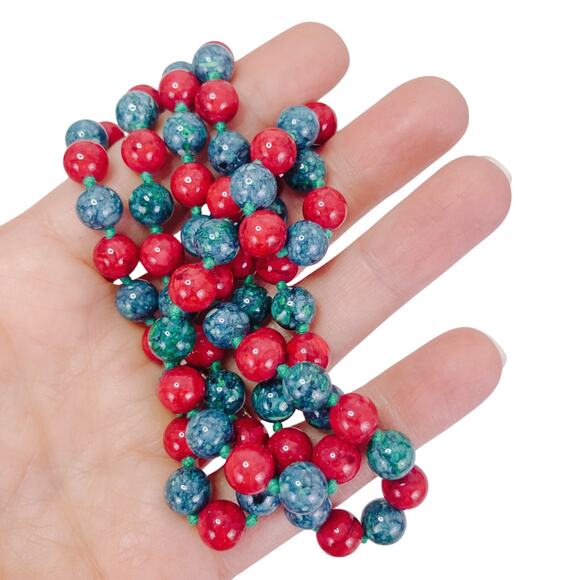 Vintage Dyed Stone Bead Opera Length Necklace Red Blue Green Hand Knotted - Picture 4 of 8